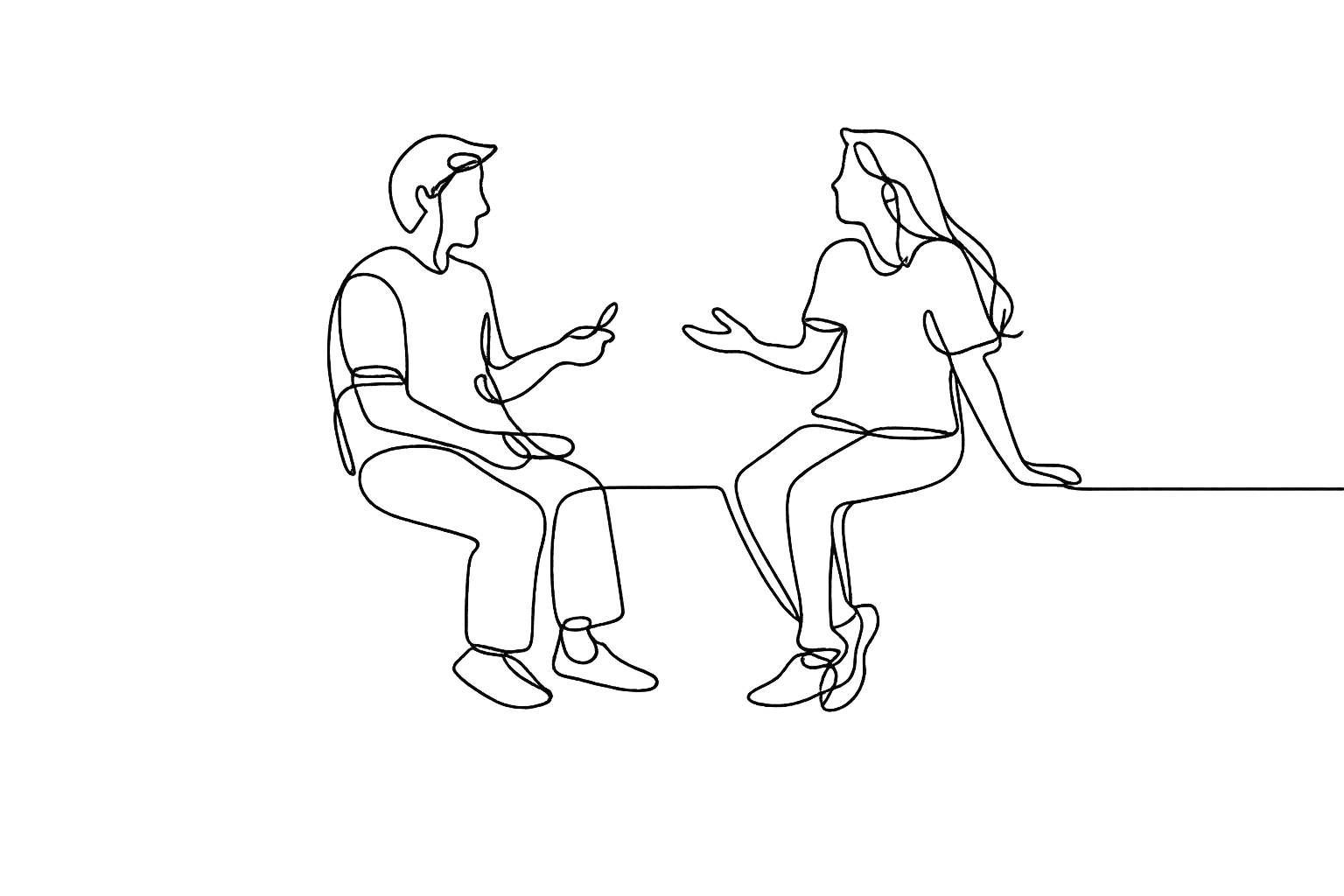 Line-art illustration of two people in conversation